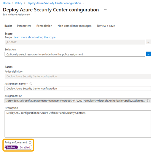 Screenshot that shows setting the enforcement mode to Enabled in the Azure portal.