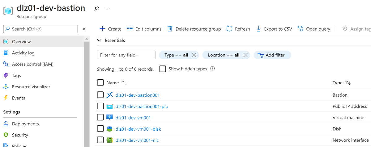 Snímek obrazovky se seznamem skupin prostředků služby Azure Bastion