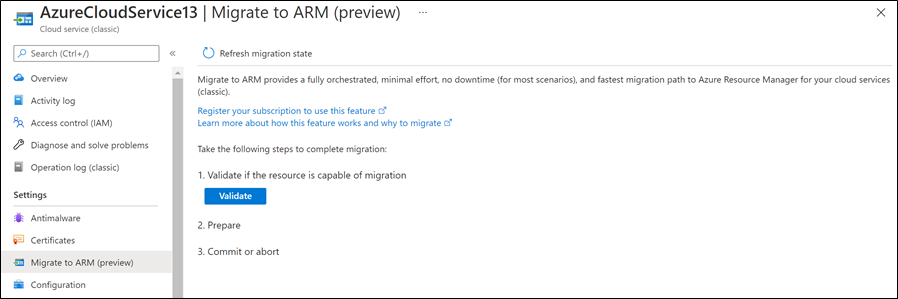 Obrázek znázorňující okno Migrace na ARM na webu Azure Portal