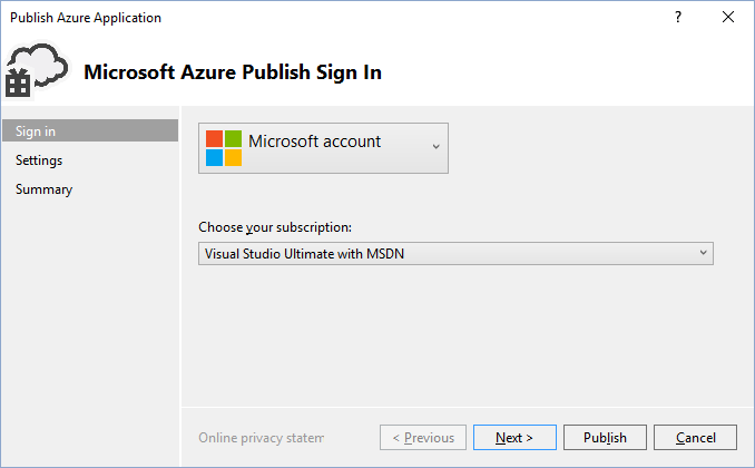 Přihlášení pro publikování v Microsoft Azure