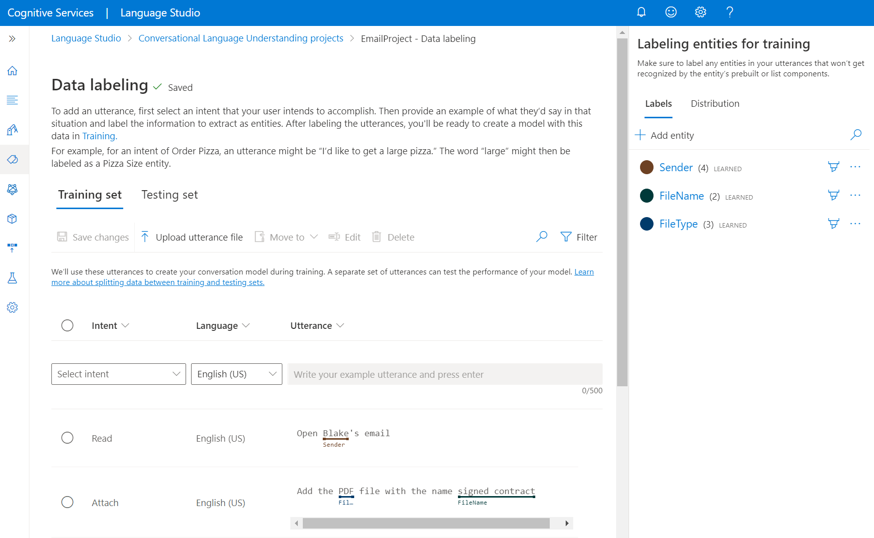Snímek obrazovky se stránkou pro označování promluv v sadě Language Studio
