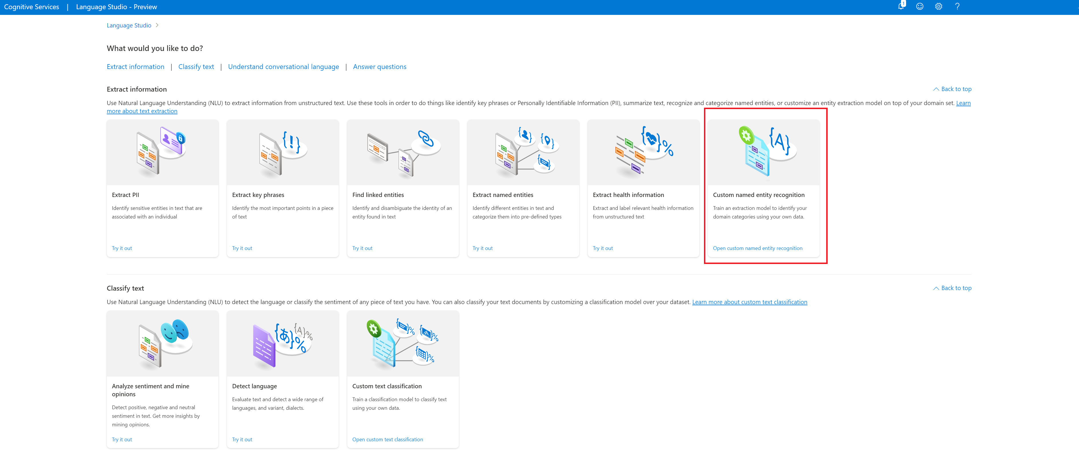 A screenshot showing the location of custom NER in the Language Studio landing page.