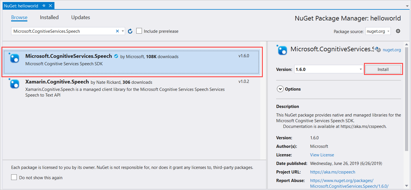 Install Microsoft.CognitiveServices.Speech NuGet package