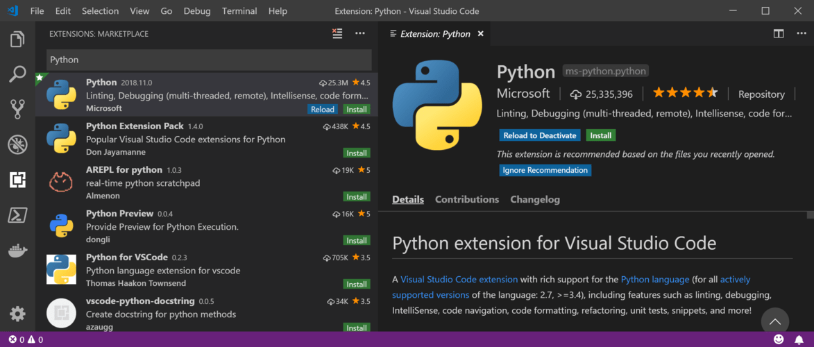 Snímek obrazovky znázorňující výběry pro instalaci rozšíření Pythonu