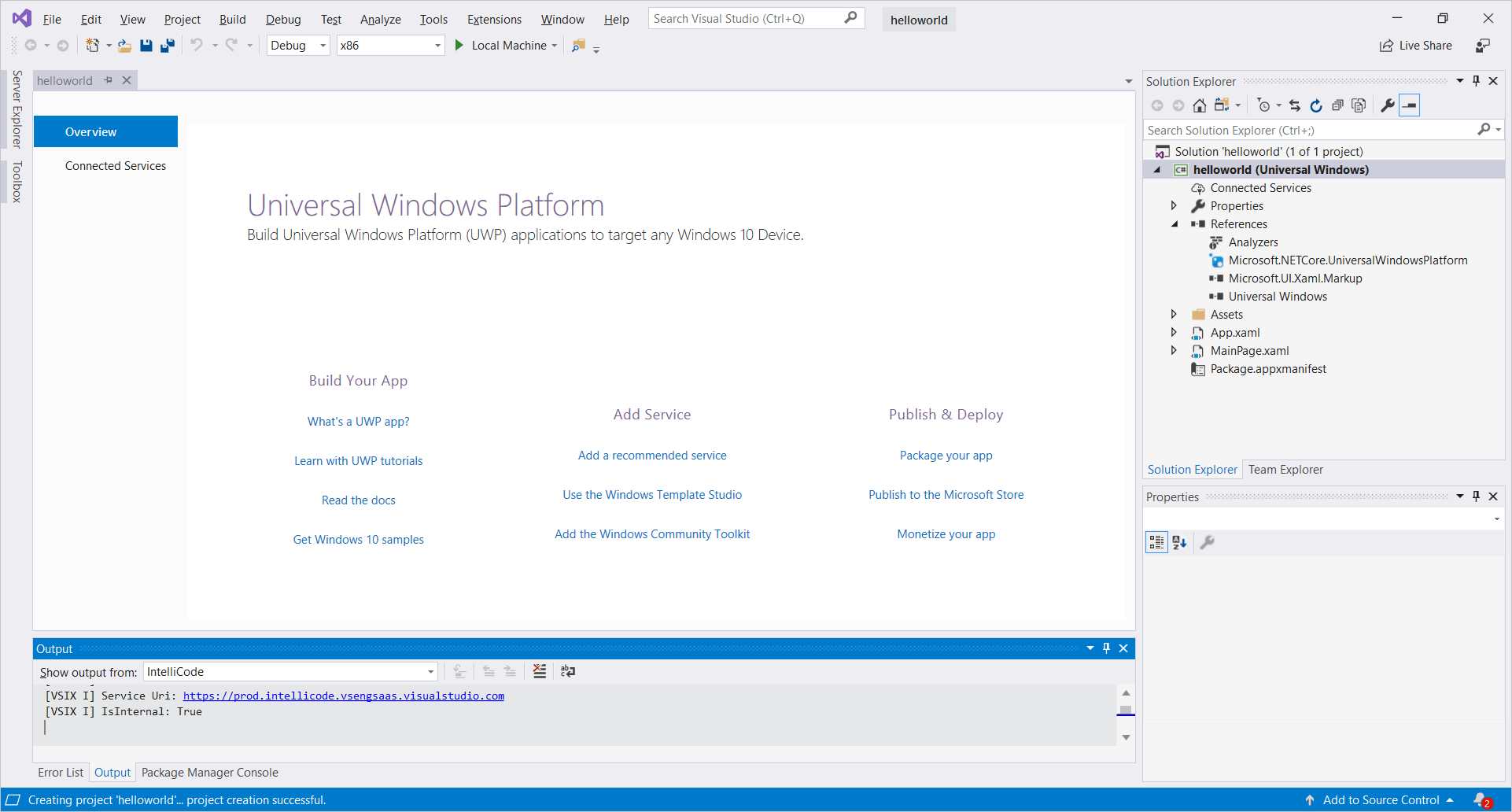 Snímek obrazovky znázorňující projekt helloworld viditelný v sadě Visual Studio