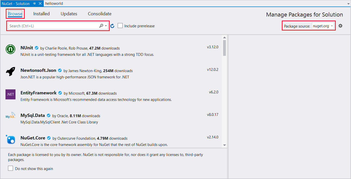 Snímek obrazovky s dialogovým oknem Spravovat balíčky pro řešení při instalaci sady Speech SDK
