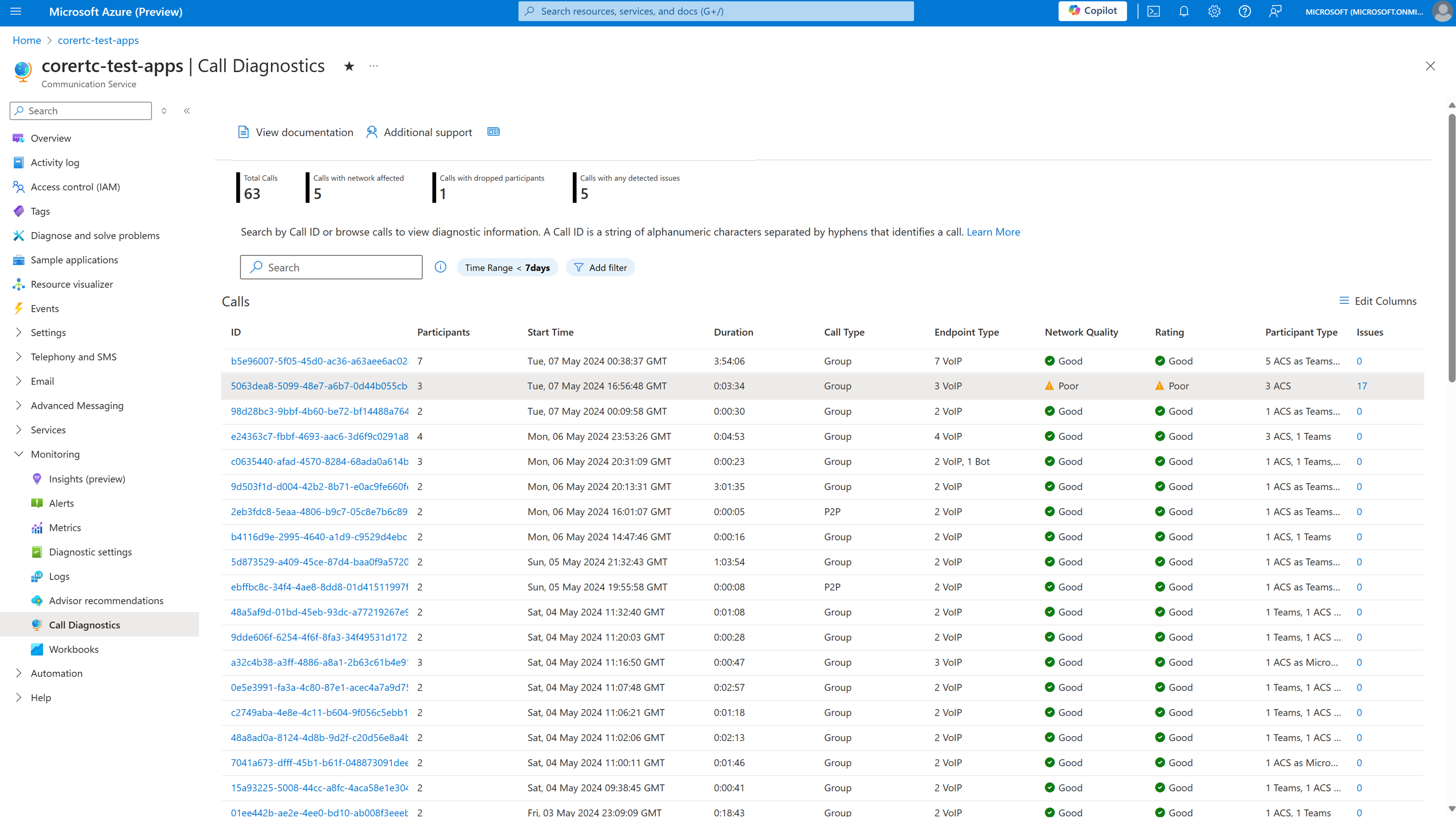 Snímek obrazovky s vyhledáváním volání diagnostiky volání zobrazující nedávná volání prostředku azure Communications Services