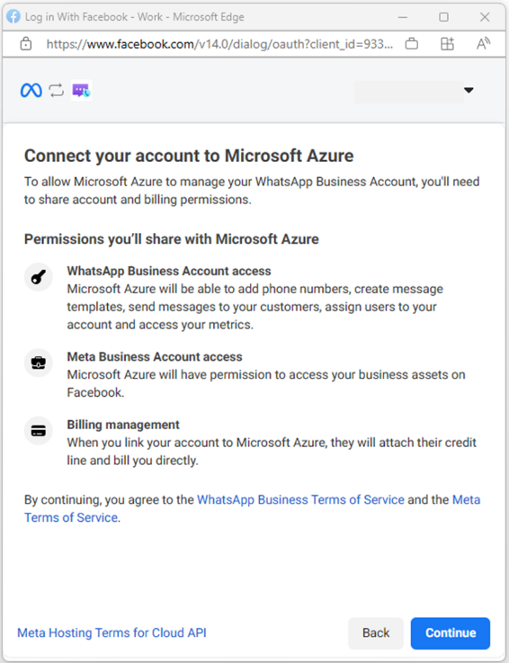 Snímek obrazovky znázorňující oprávnění Azure pro váš účet WhatsApp Business