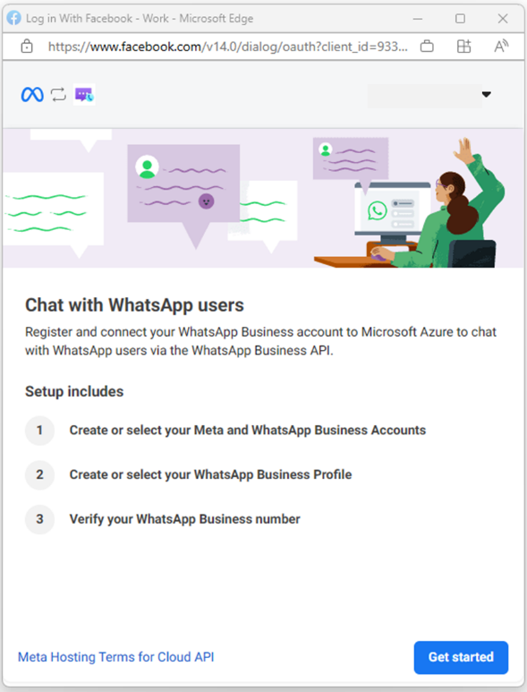 Snímek obrazovky znázorňující začínáme s registrací účtu WhatsApp Business v Azure