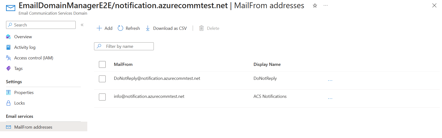 Snímek obrazovky se seznamem adres Mailfrom s aktualizovanými hodnotami