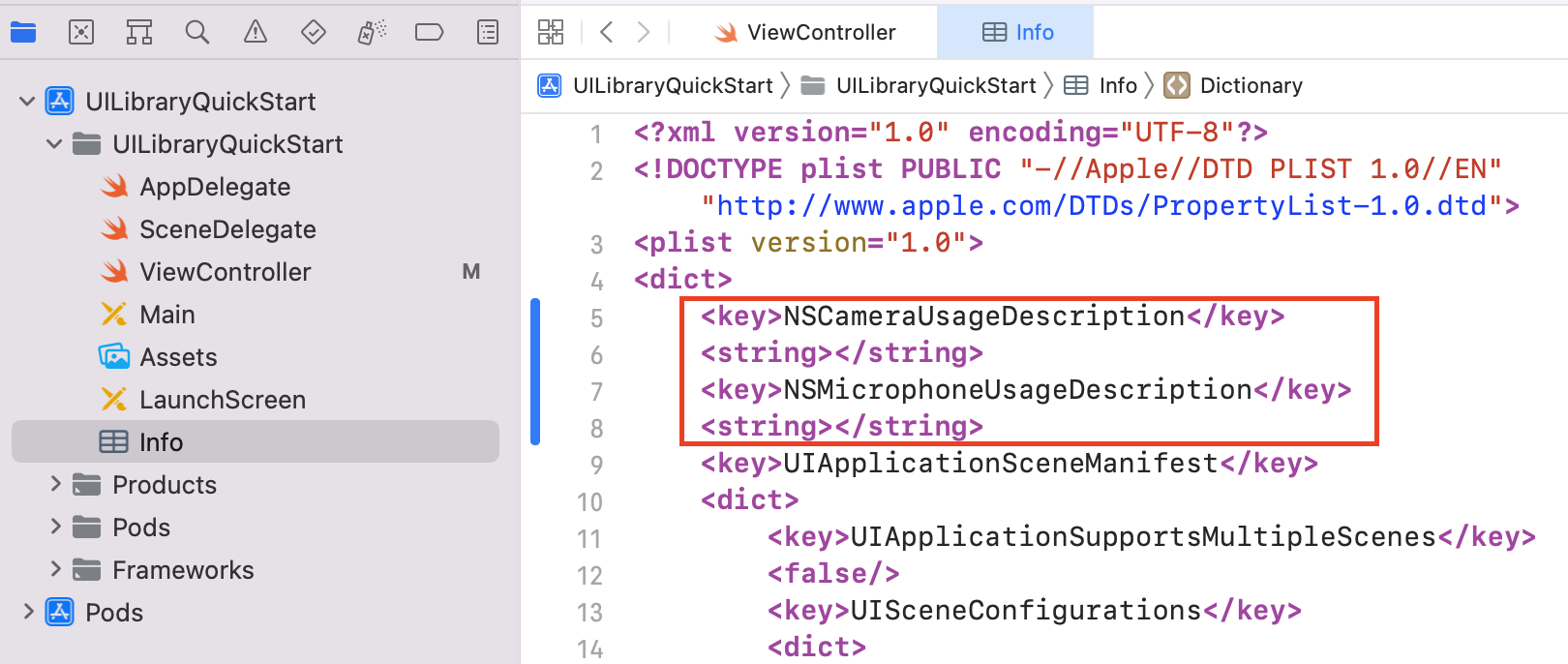 Snímek obrazovky znázorňující příklad zdrojového kódu souboru plist s informacemi v souboru Xcode