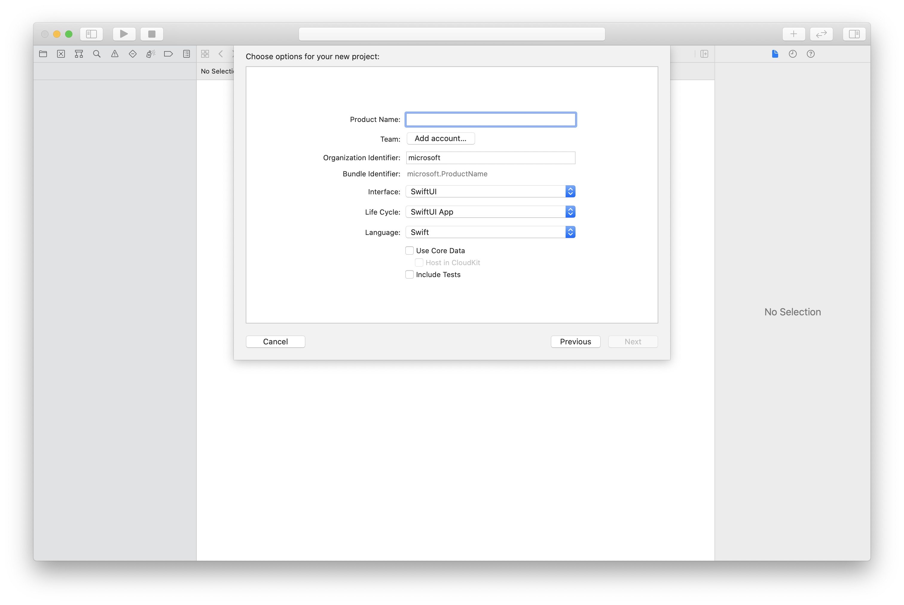 Snímek obrazovky s oknem Nový projekt v Xcode