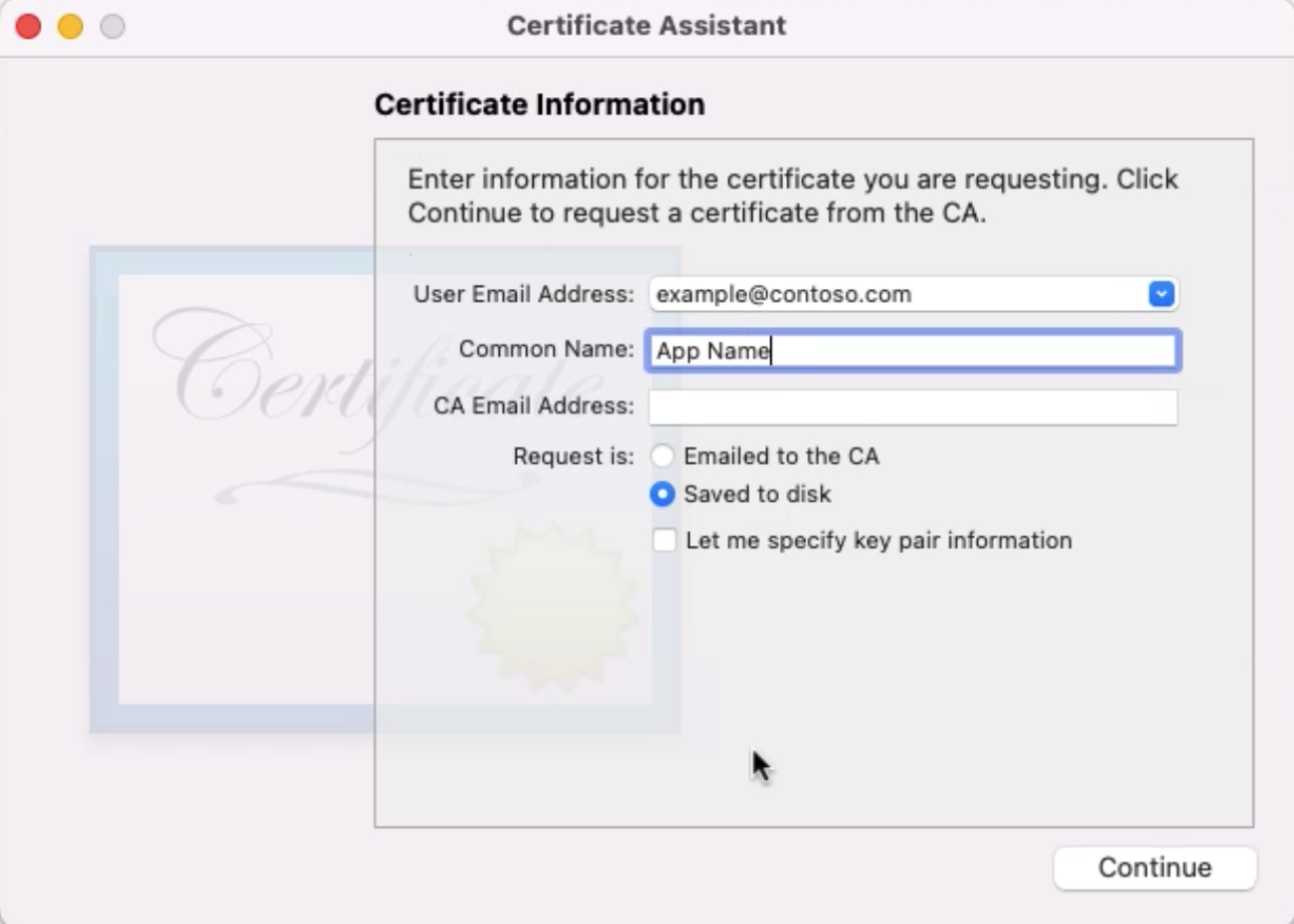 Snímek obrazovky znázorňující příklad vyplnění informací o certifikátu
