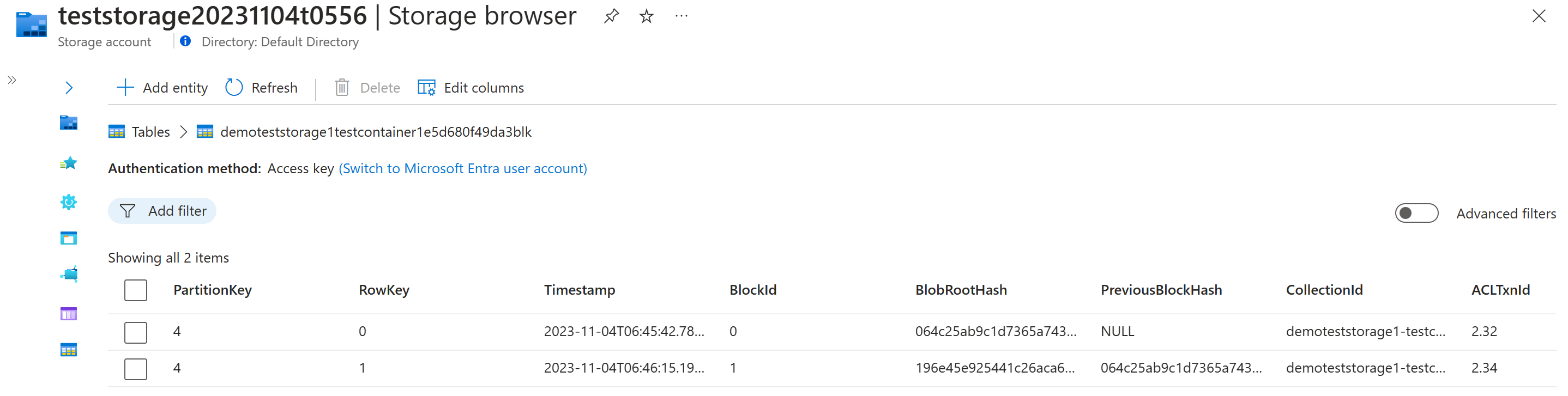 Snímek obrazovky webu Azure Portal ve webovém prohlížeči zobrazující tabulku bloků, ve které jsou uložené informace o hodnotě hash