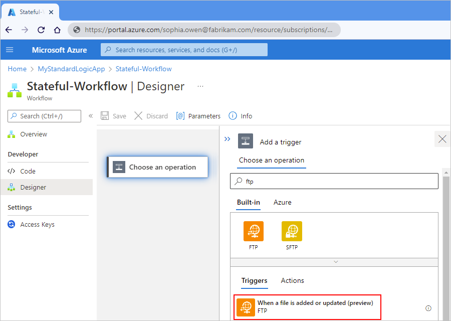 Screenshot shows the Azure portal, Standard workflow designer, search box with 