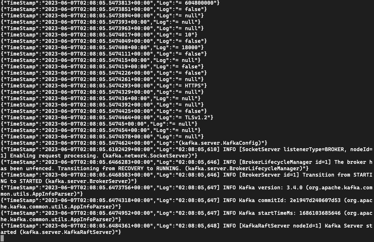 Snímek obrazovky s protokoly služby Kafka pro kontejnery
