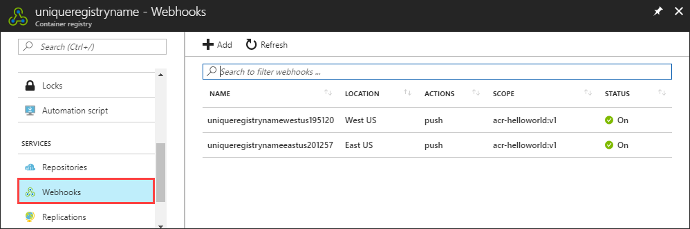Container registry Webhooks in the Azure portal