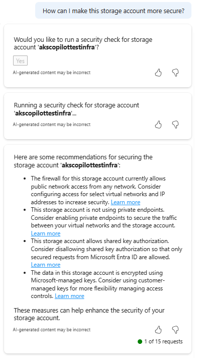 Snímek obrazovky znázorňující Microsoft Copilot v Azure poskytující návrhy osvědčených postupů zabezpečení účtu úložiště