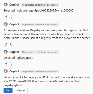 Snímek obrazovky Azure Copilotu s potvrzením nasazení CanIPull do clusteru