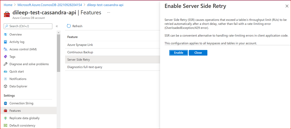 Snímek obrazovky s funkcí opakování na straně serveru pro Službu Azure Cosmos DB pro Apache Cassandra