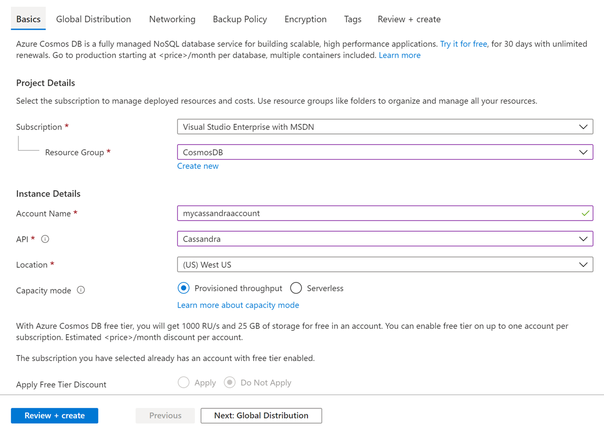 Stránka nového účtu pro Službu Azure Cosmos DB for Apache Cassandra