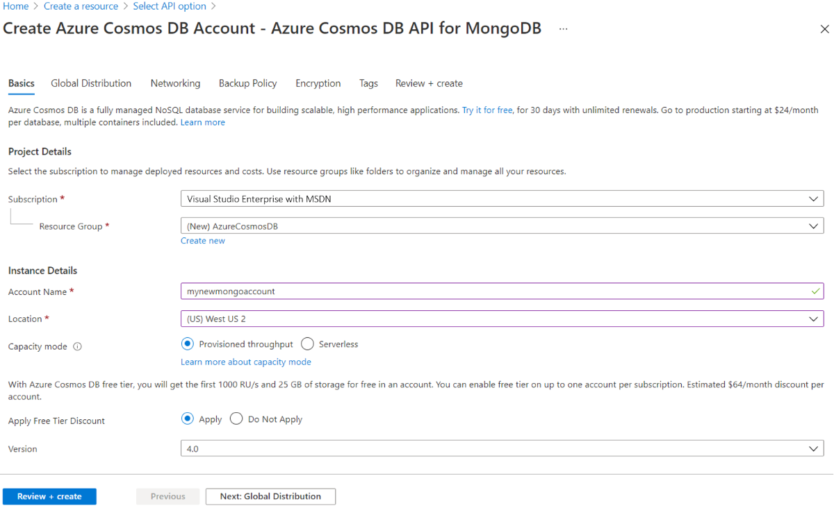Snímek obrazovky se stránkou nového účtu služby Azure Cosmos DB