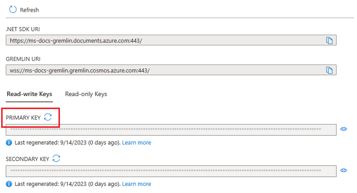 Snímek obrazovky Azure Portal ukazující, jak znovu vygenerovat primární klíč