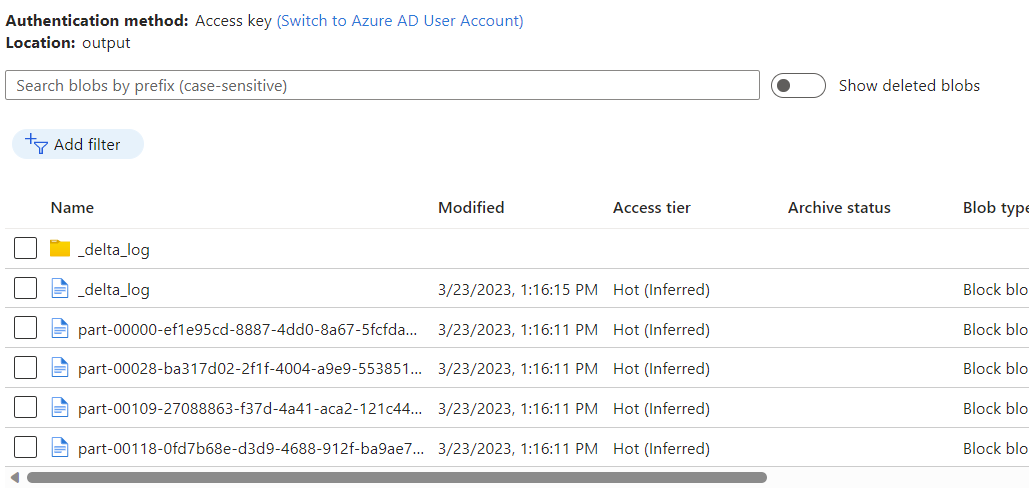 Screnshot výstupních souborů z kanálu v kontejneru Azure Blob Storage.