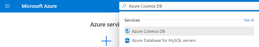 Snímek obrazovky znázorňující hledání služby Azure Cosmos DB
