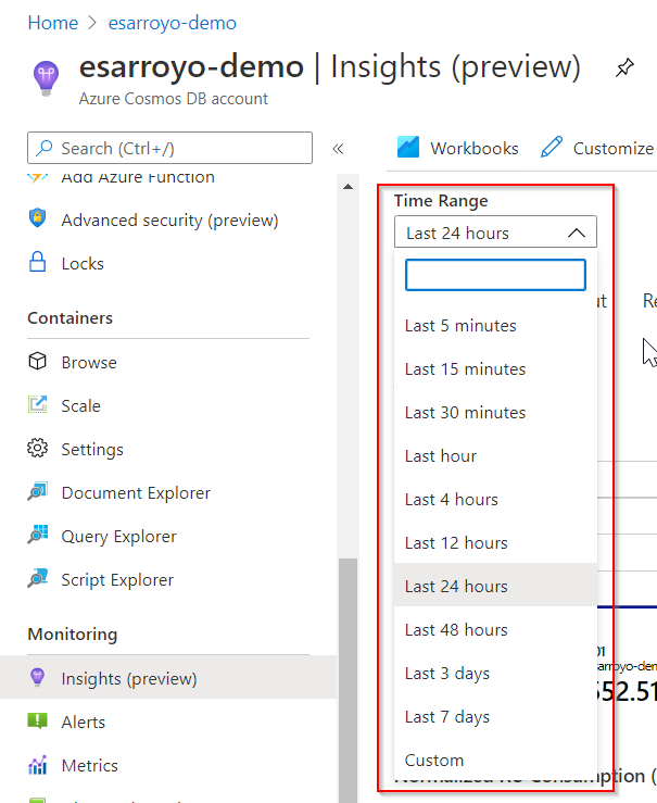Snímek obrazovky znázorňující časový rozsah služby Azure Cosmos DB