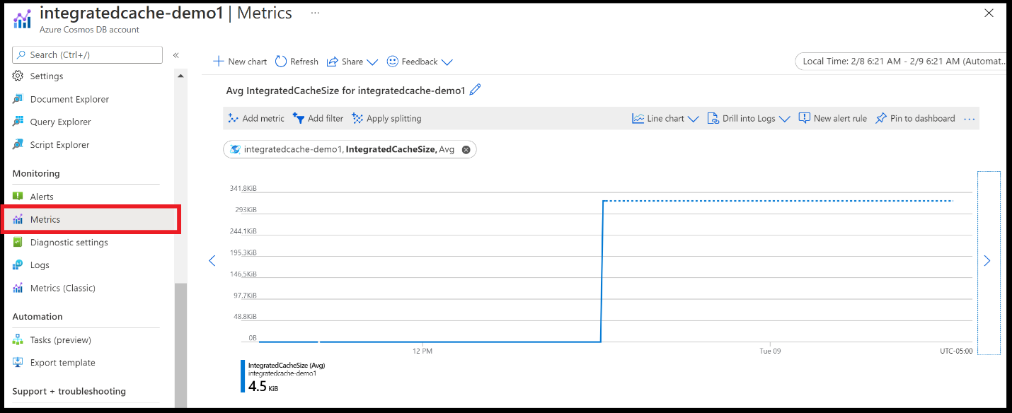 Snímek obrazovky webu Azure Portal znázorňující umístění metrik integrované mezipaměti