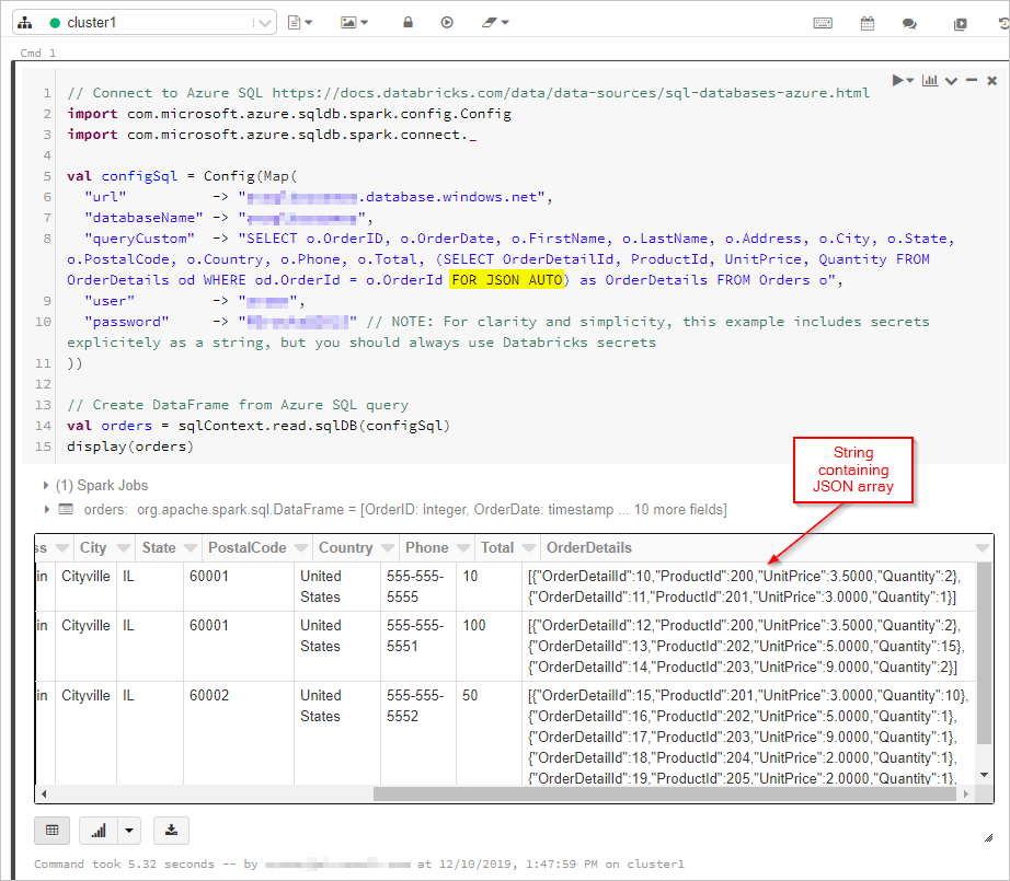 Snímek obrazovky znázorňující výstup dotazu SQL v datovém rámci