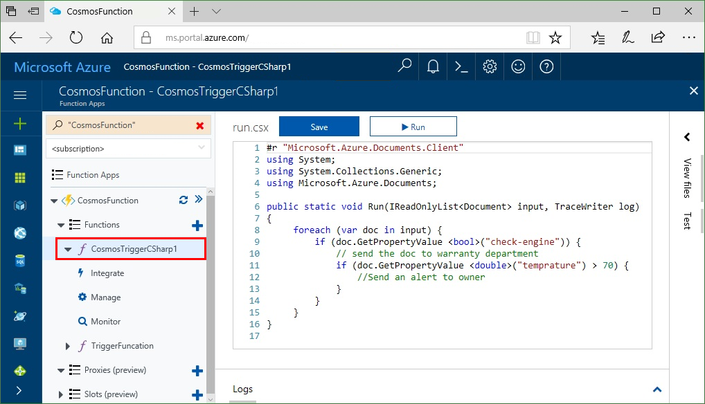 Vytvoření triggeru Azure Functions pro službu Azure Cosmos DB na webu Azure Portal