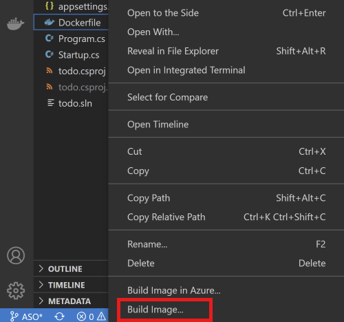 Snímek obrazovky s místní nabídkou v editoru Visual Studio Code s vybranou možností Sestavit obrázek