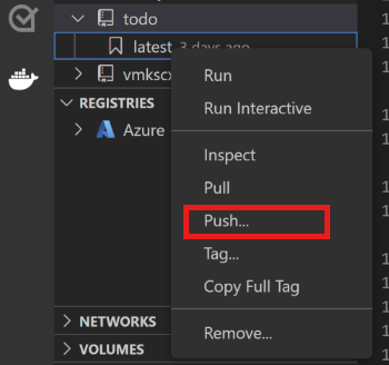 Snímek obrazovky s místní nabídkou v editoru Visual Studio Code s vybranou možností Push