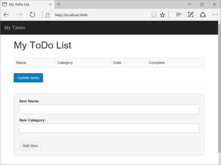 Snímek obrazovky aplikace Seznam úkolů v prohlížeči