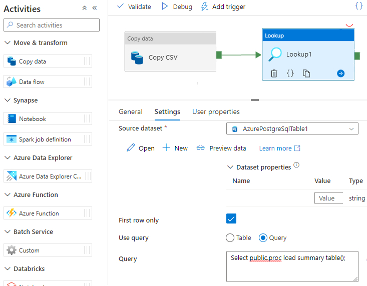 Snímek obrazovky znázorňující volání procedury ve službě Azure Data Factory