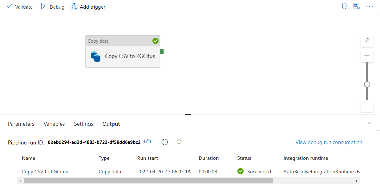Snímek obrazovky znázorňující ladění a spuštění ve službě Azure Data Factory