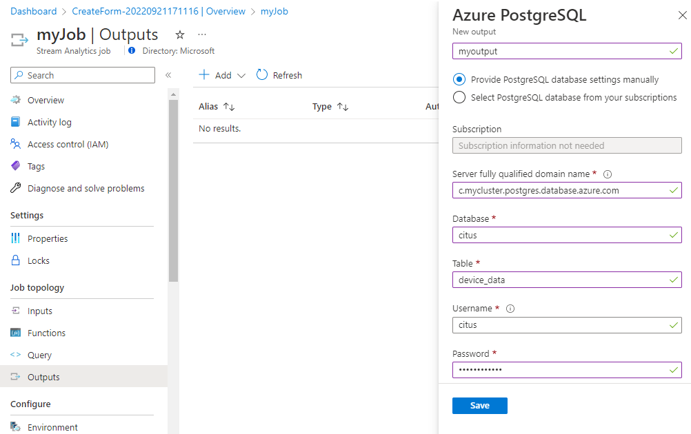 Konfigurace výstupu úlohy v Azure Stream Analytics