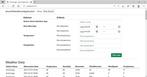 Snímek obrazovky aplikace se stránkou výsledků filtru a zvýrazněním položky nabídky použité k přechodu na stránku