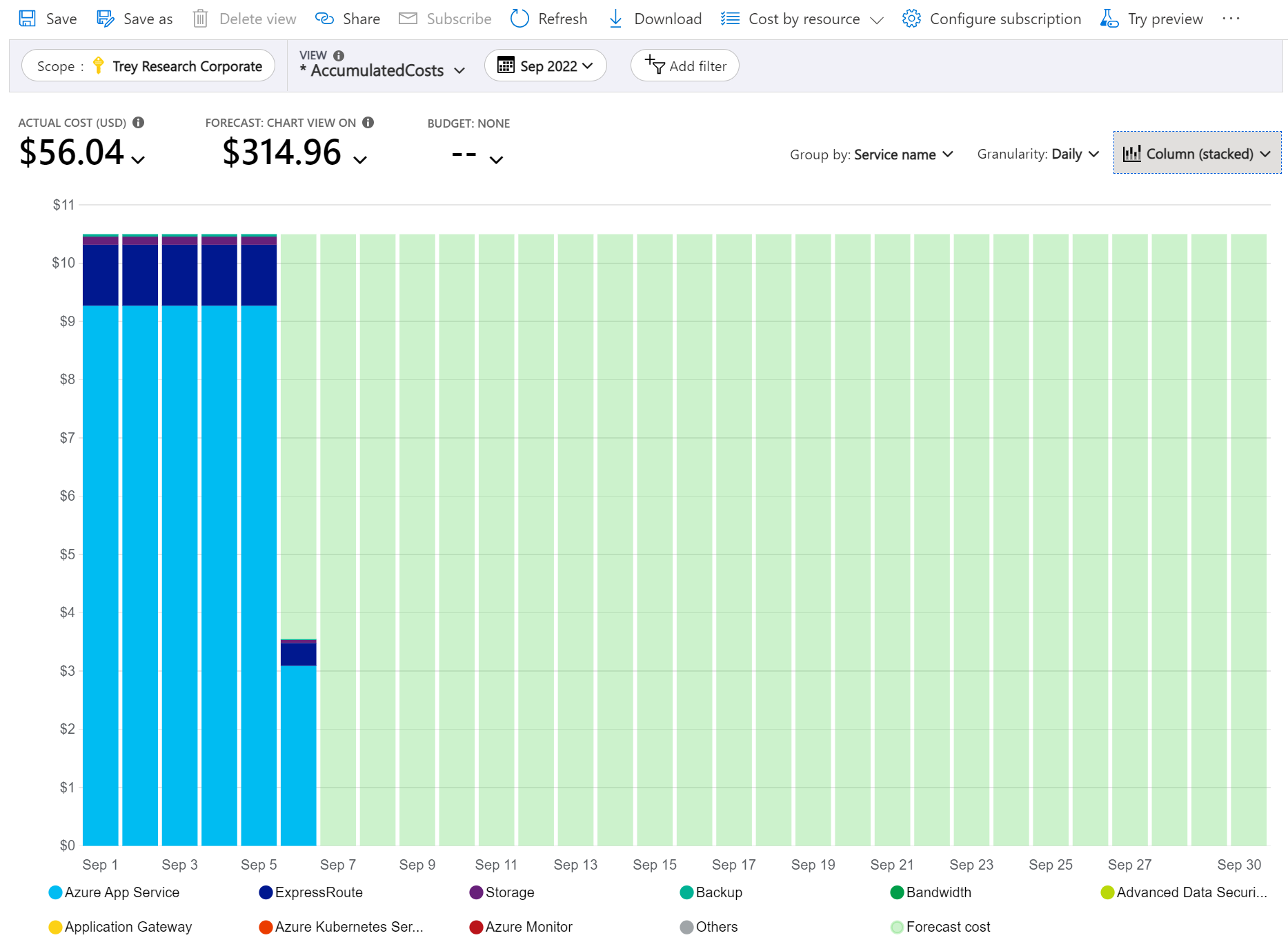 Snímek obrazovky znázorňující náklady na aktuální měsíc seskupený podle názvu služby