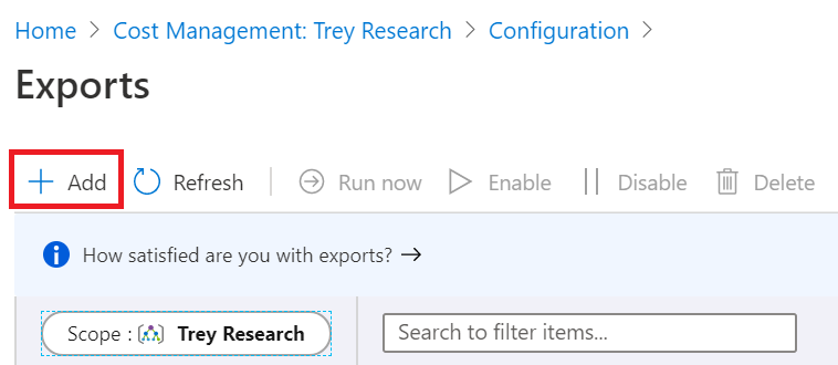 Snímek obrazovky znázorňující možnost Vytvořit nový export s oborem skupiny pro správu