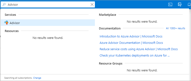 Snímek obrazovky s tlačítkem Azure Advisor na webu Azure Portal