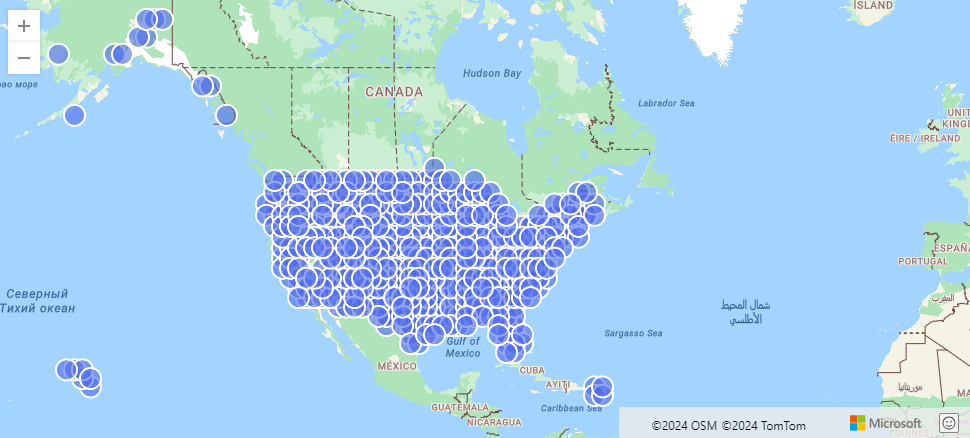 Snímek obrazovky s událostmi bouře v USA seskupenými podle geohash
