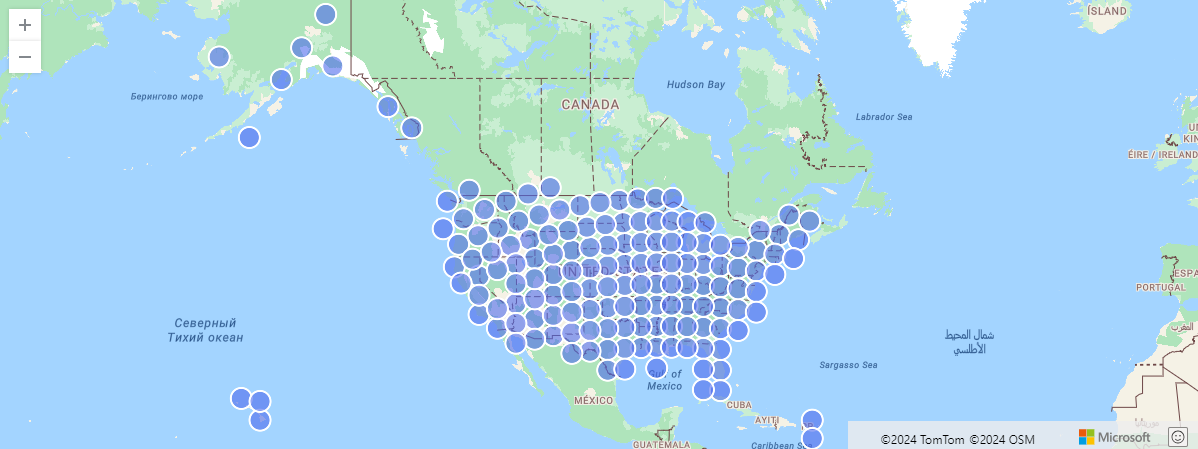 Snímek obrazovky s mapou vykreslenou událostmi bouře v USA agregovanými podle buňky S2