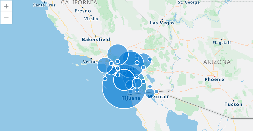 Snímek obrazovky webového uživatelského rozhraní Azure Data Explorer zobrazující geoprostorovou mapu bouřek v jižní Kalifornii
