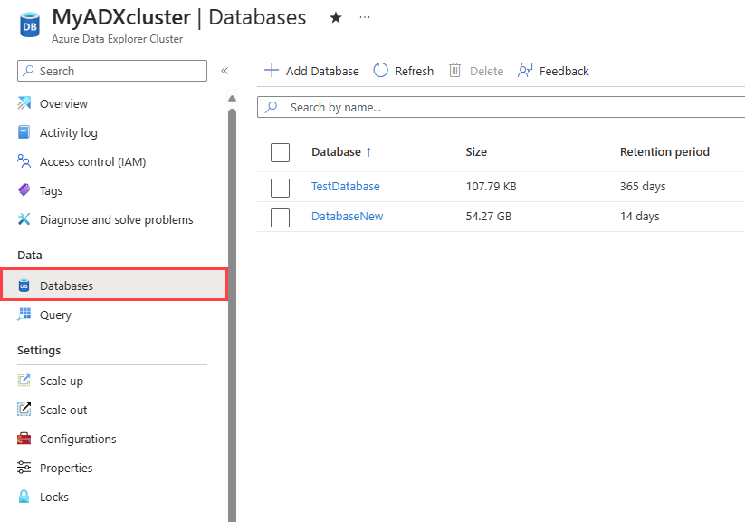 Snímek obrazovky s oddílem databáze clusteru zobrazující seznam databází, které cluster obsahuje