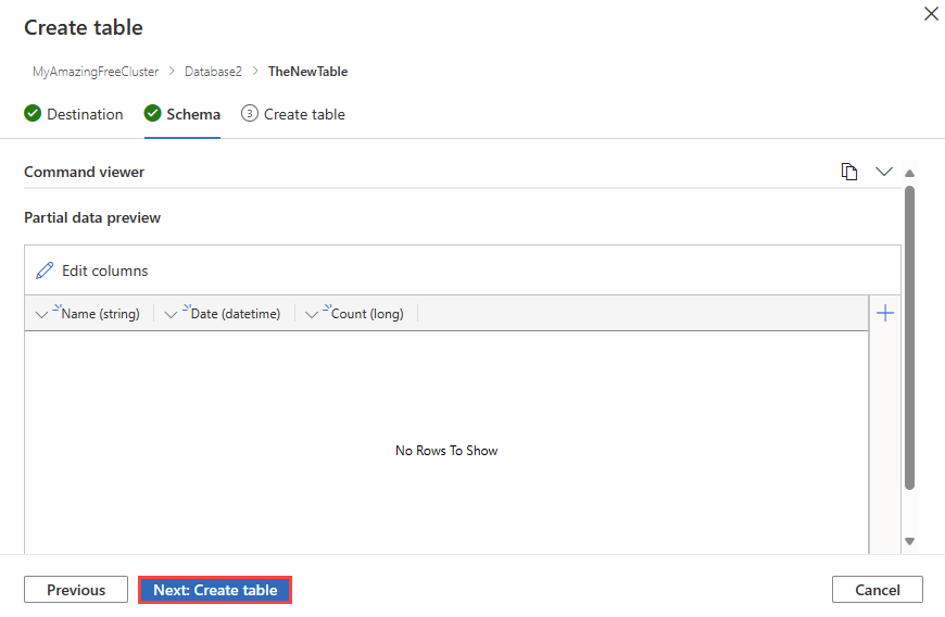 Snímek obrazovky s průvodcem vytvořením prázdné tabulky se vstupem schématu v Azure Data Exploreru