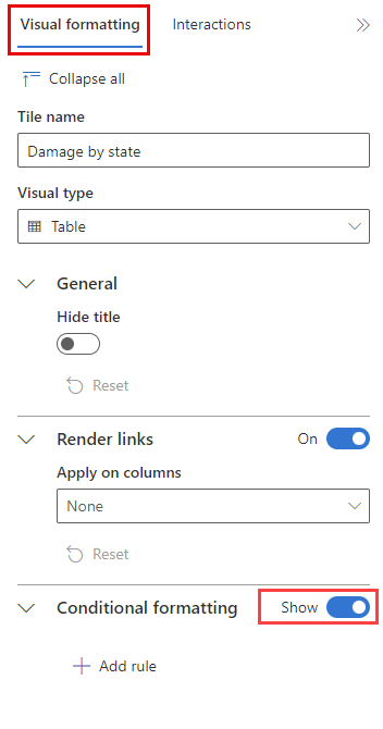 Snímek obrazovky s přidáním podmíněného formátování do řídicích panelů ve webovém uživatelském rozhraní Azure Data Explorer
