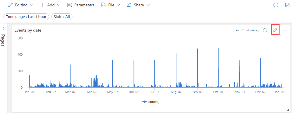 Snímek obrazovky s postupem úpravy dlaždice na řídicích panelech ve webovém uživatelském rozhraní Azure Data Explorer